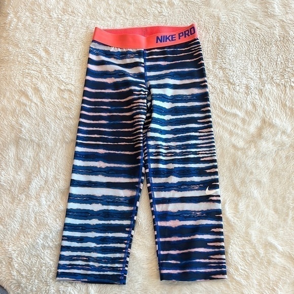 Nike Pro XS leggings cropped women’s striped blue white orange - Picture 1 of 8